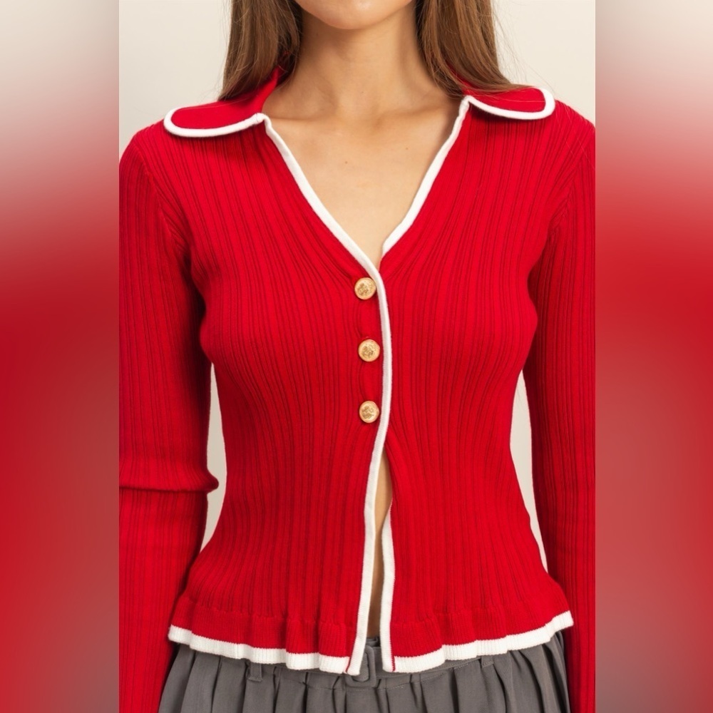NEW HYFVE Red Ribbed Button Front Top w/ White Trim Coquette Size Small